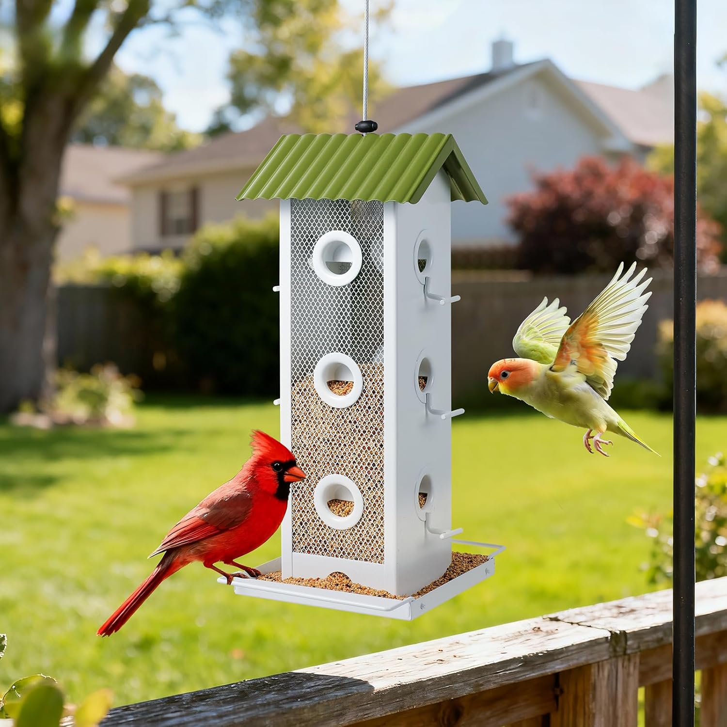 All Metal Bird Feeder for Outdoors Hanging | 14-Port Multi-Bird Viewing | Premium Finish, Waterproof & Easy-Clean | Attracts Cardinals, Finches, Chickadees & More (Crisp White & Green)