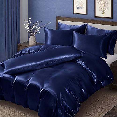 MILVOWOC 6 Pcs Navy Blue Satin Duvet Cover Full/Queen Size