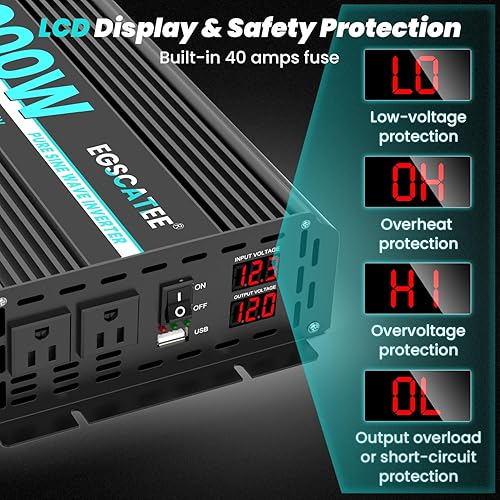 Miniatura 4 de EGSCATEE Inversor de corriente de onda sinusoidal pura de 24 V 2000 W, convertidor de corriente de 24 V CC a 120 V CA para automóvil, camión, hogar,