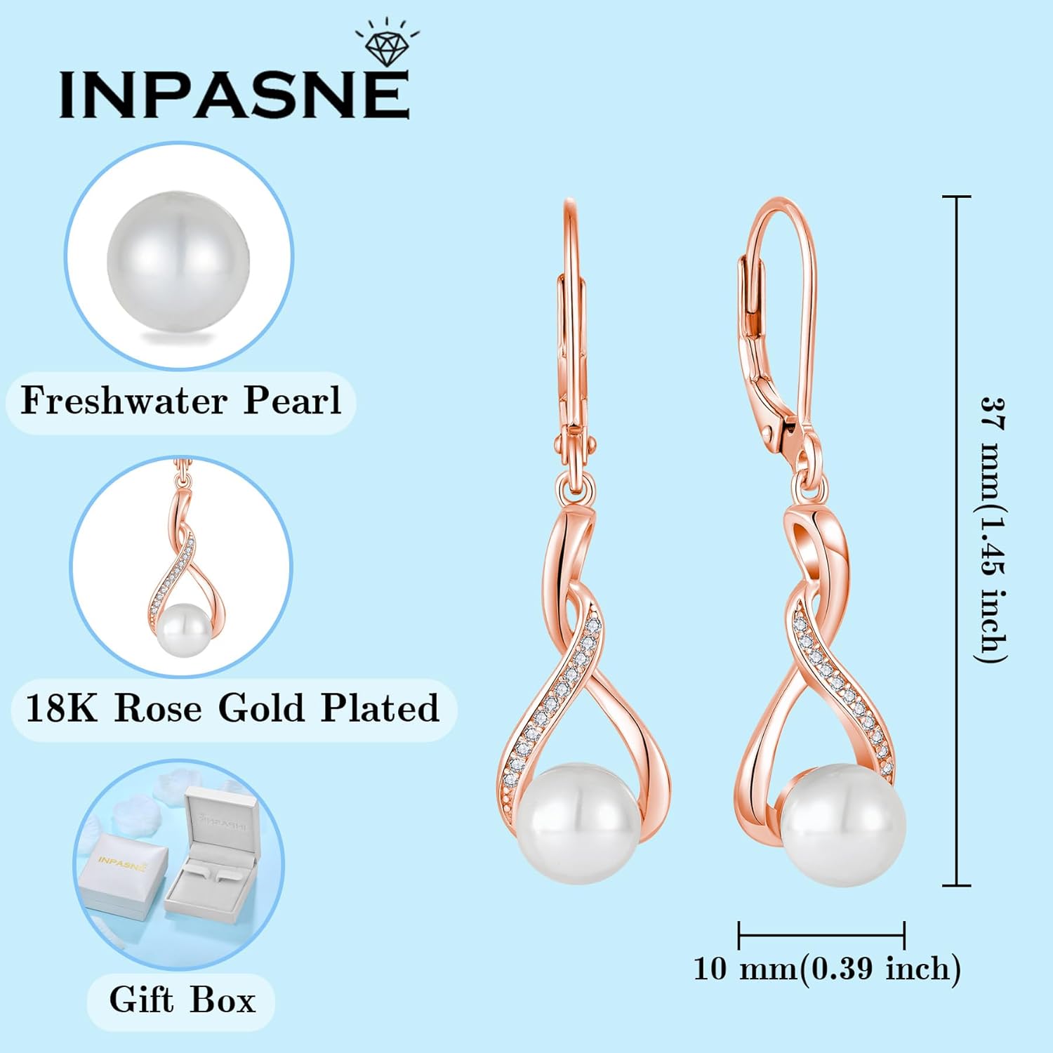 Freshwater Pearl Drop Earrings for Women 925 Sterling Silver Infinity Dangle Leverback Earrings Pearl Jewelry Gifts for Her