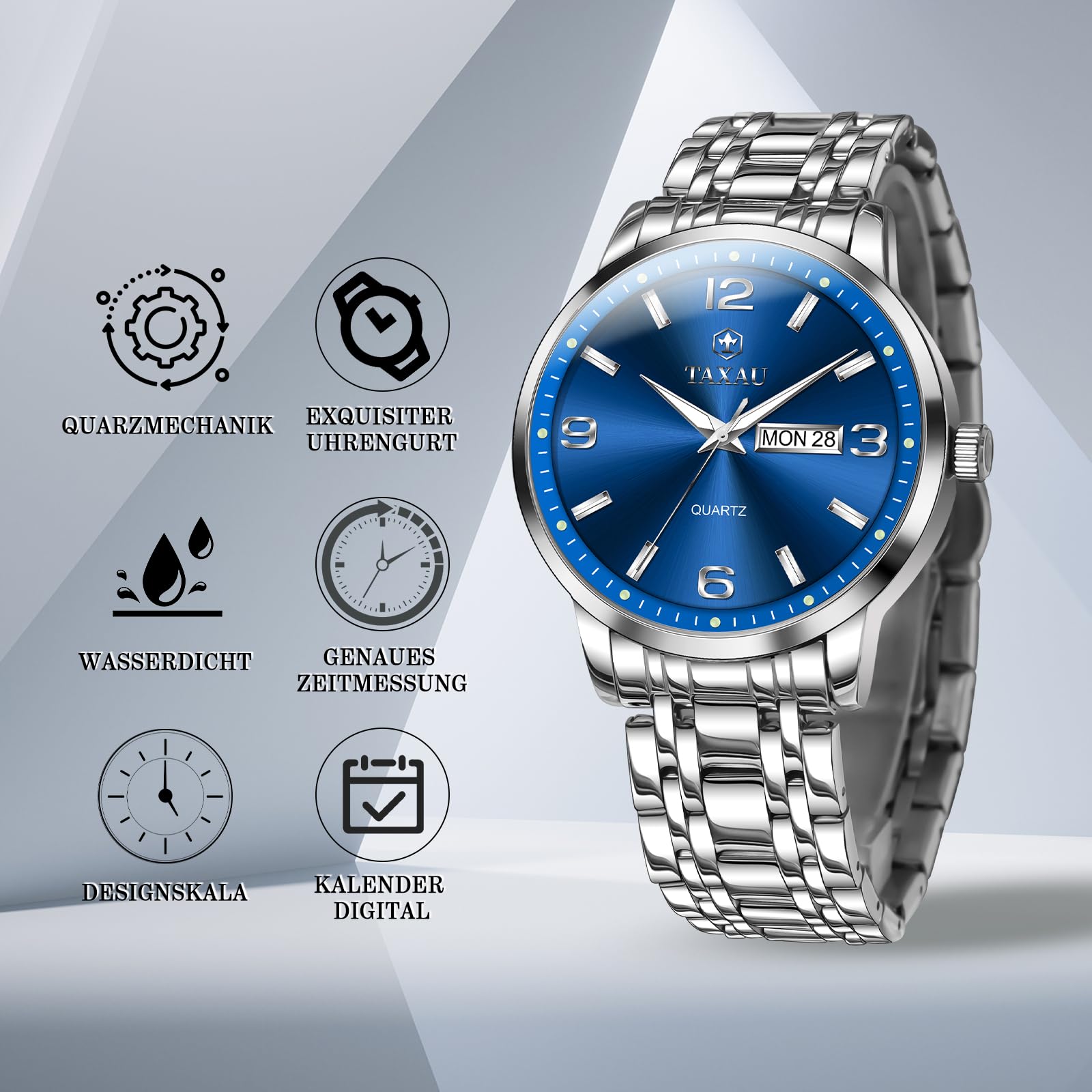 Taxau Armbanduhr Herren Analog Quarz wasserdichte Luxus Business Edelstahl Herrenuhren Multifunktion Leuchtdatum Elegantes Geschenk