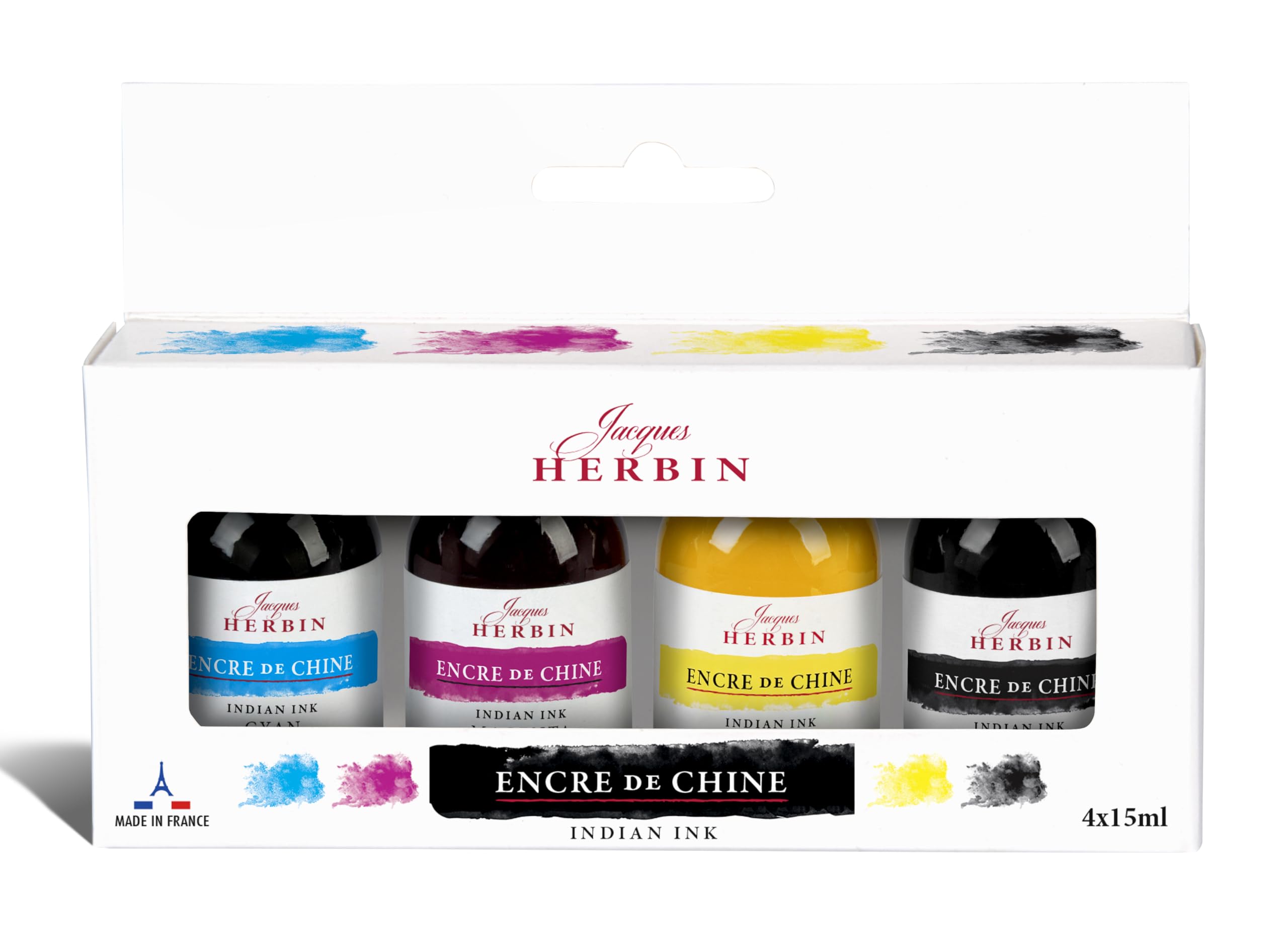 Jacques Herbin 10600T - Coffret assortiment 4 flacons encre de Chine 15ml (cyan, magenta, jaune primaire, noir)