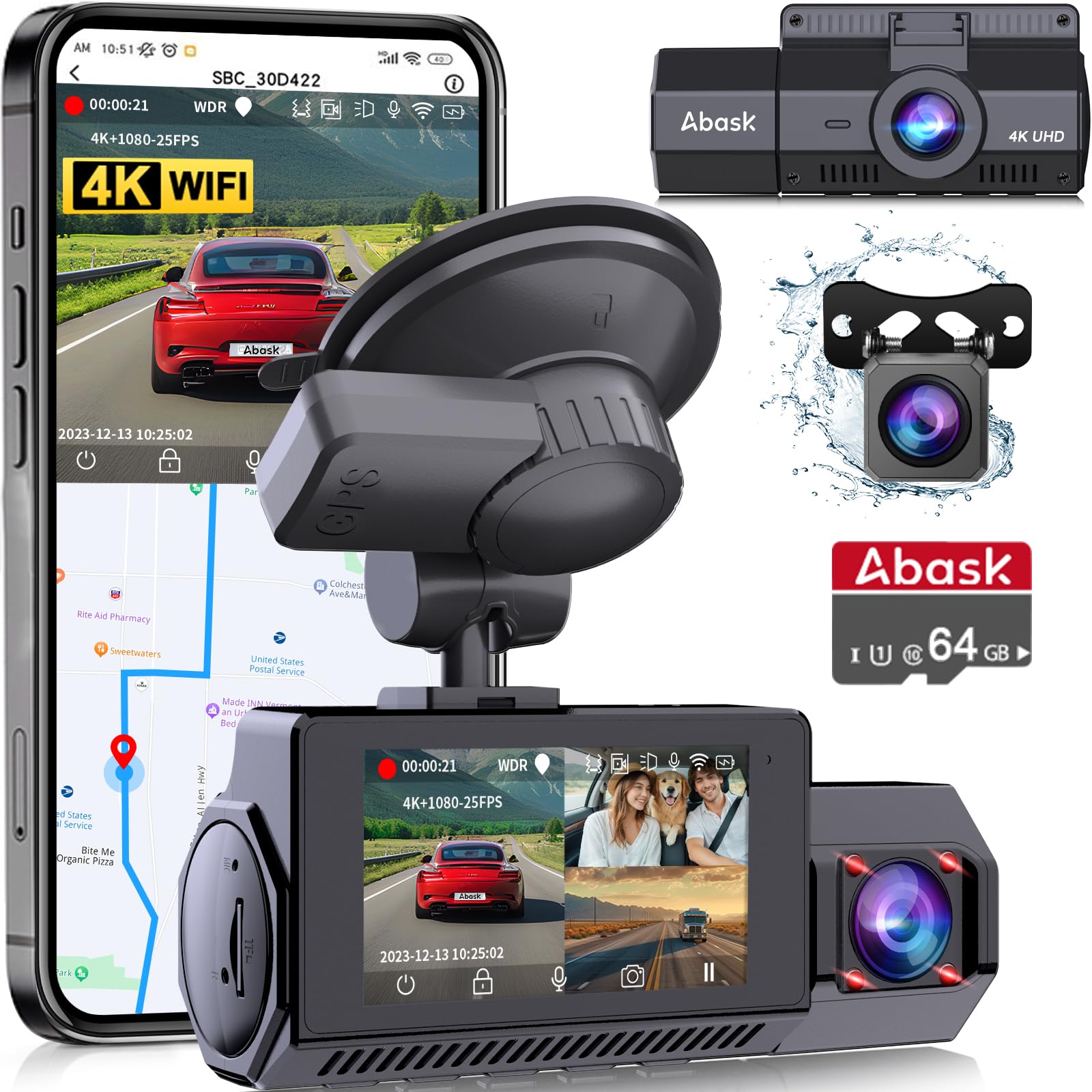 Abask Cámara de salpicadero para coche, 3 canales, WiFi, GPS, cámara delantera y trasera, cámara de salpicadero interior 4K + 1080P + 1080P con tarjeta de 64 GB, pantalla de 2,45 pulgadas, ayuda de