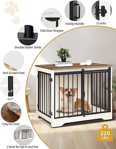 Miniatura 7 de Mueble de jaula para perros de 31.9 pulgadas con puerta de granero, perrera resistente para interiores con 2 puertas, mesa auxiliar de jaula para