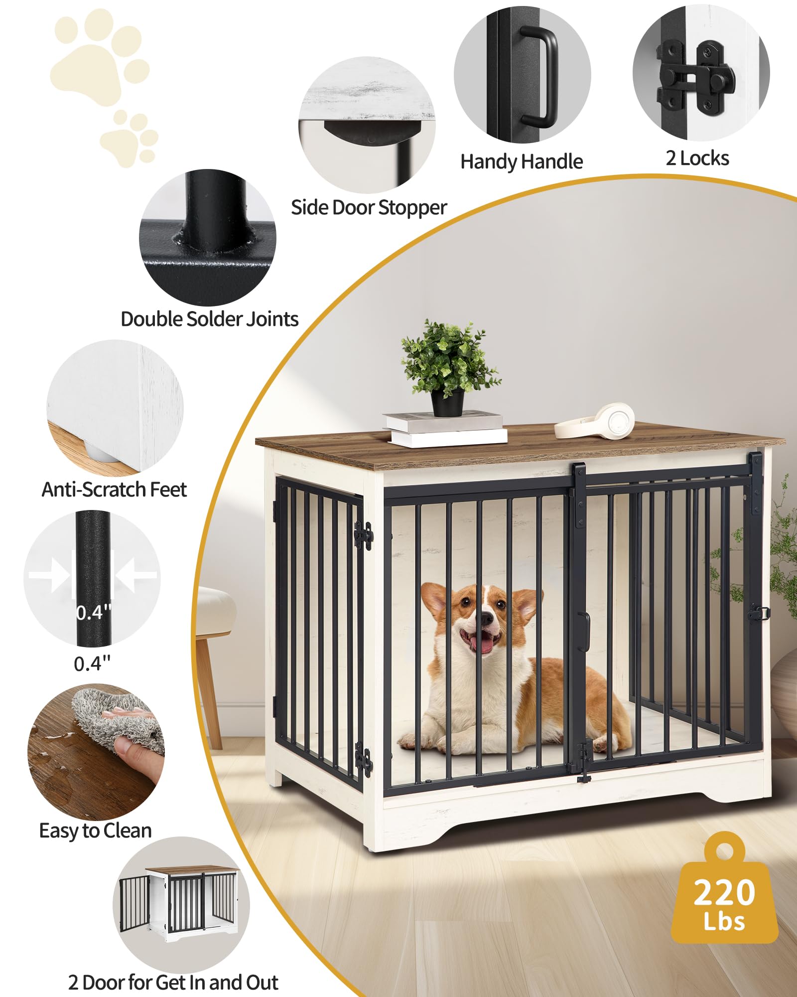 Hzuaneri Cage pour Chiens, 81 cm Cage Chien, 2 Portes, Blanc et Marron | Table d’Appoint, Niche Moderne pour Chiens, Cage pour Chiots, Maisonnette pour Animaux, 81 x 55 x 67,5 cm, DFC83614B