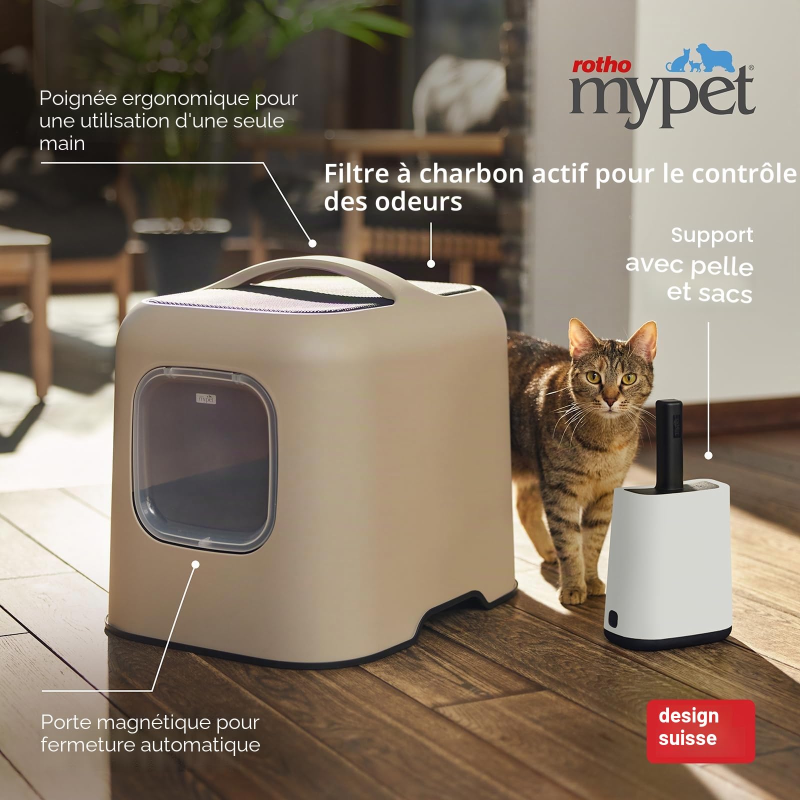 Rotho MyPet Bea litière pour Chat avec Porte à Aimant et Pelle en PP Gris | Bac à litière pour chat fermé, maison de toilette chat, filtre à charbon, PP recyclé, poignée, 4 filtres de rechange
