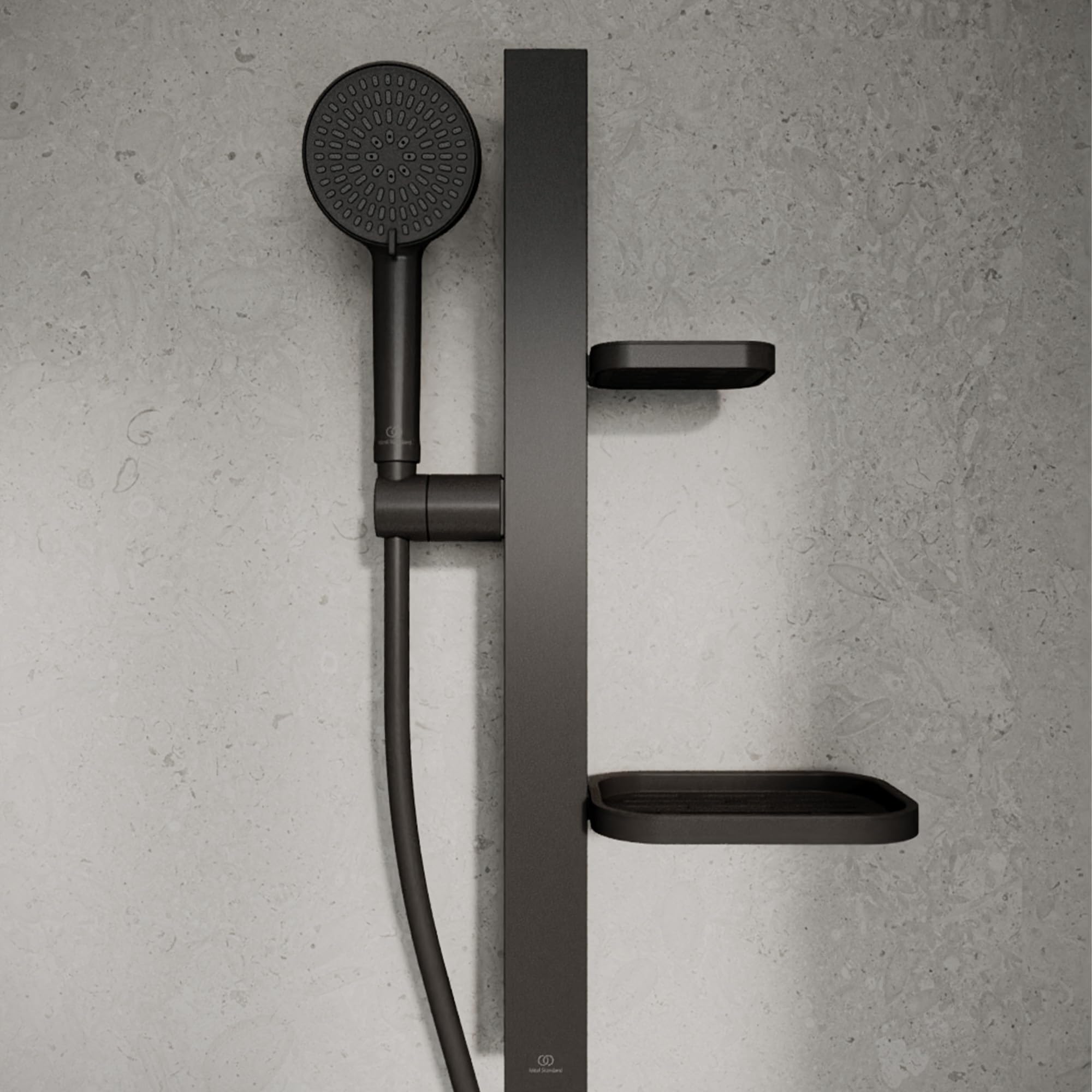 Ideal Standard Idealrain Alu+ Brausekombination, Wassersparender Duschkopf mit zwei Strahlarten (SilkRain und Rain) und verstellbaren Ablagen – Schwarz Matt (349x157x600 mm)