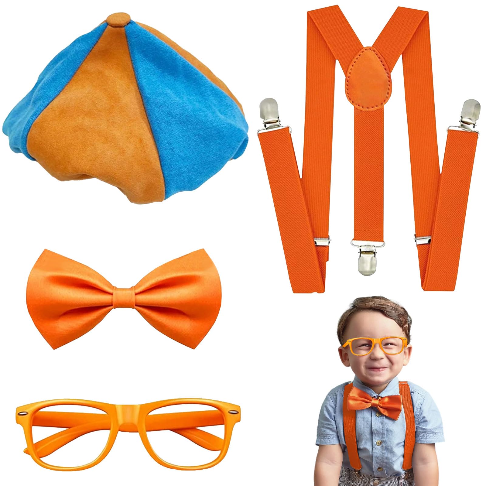 SSKHE 4PCS Costume Roleplay Accessories with Iconic Orange Bow Tie,Suspenders, Hats, and Glasses,Costume Roleplay Accessories for Toddlers