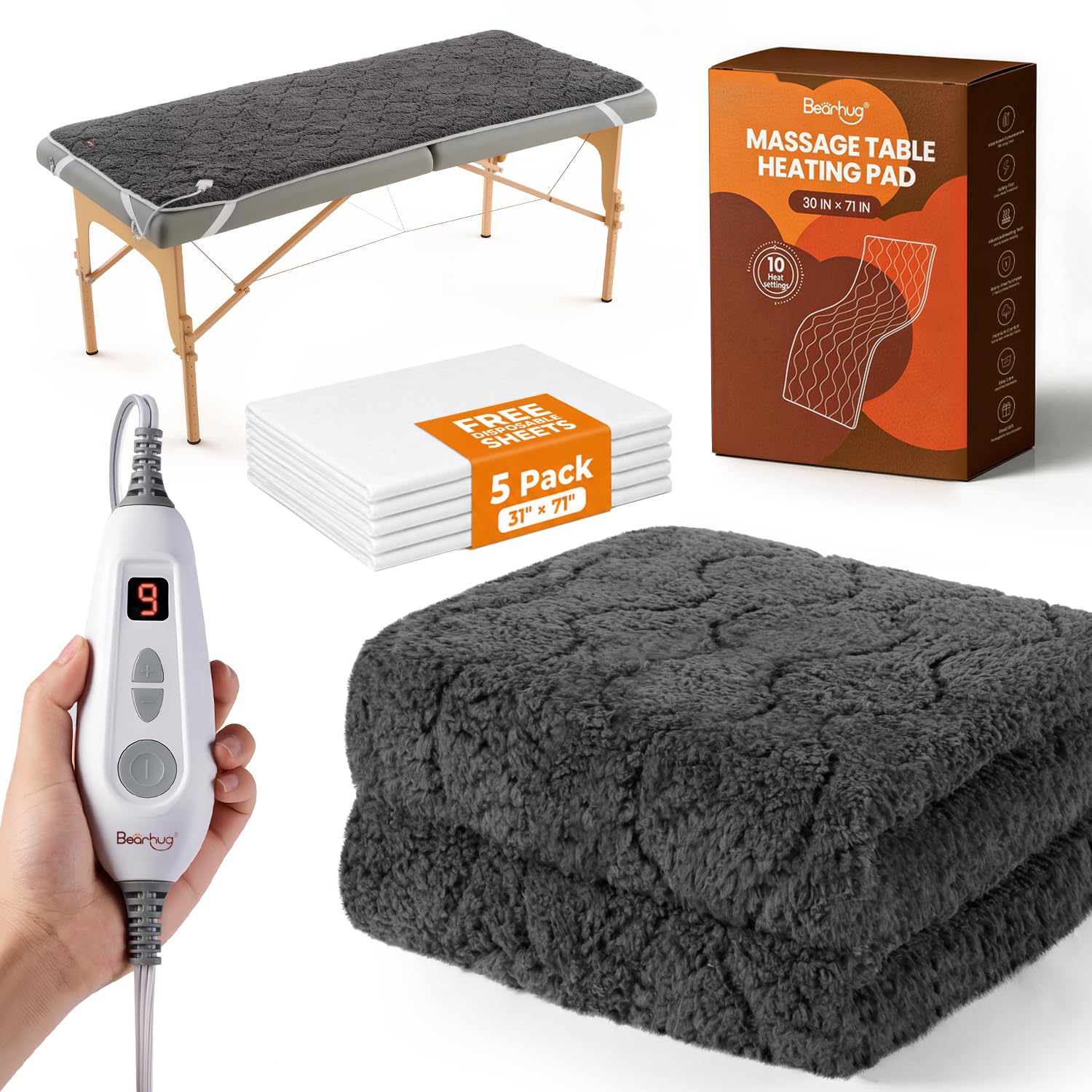 Bearhug Massage Table Warmer with 5 Disposable Table Liners, 71 x 30 in 5-Layer Sherpa Heating Pad for Spa and Esthetician Tables, 10 Heat Settings, 90-108°F NTC Control, 19 ft Cord, Machine Washable