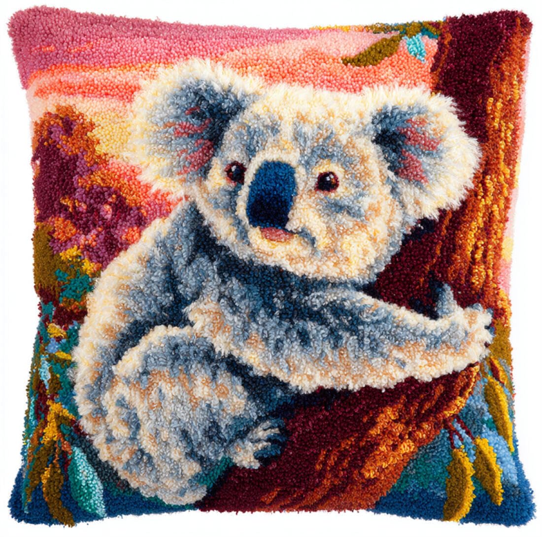 Kitquiver Animal Latch Hook Cushion Craft Kits Koalas in The Tree DIY Latch Hook Kits Pillow Needlepoint Cushion Kit for Home Décor Needlework Set for Adult Beginners 17x17In