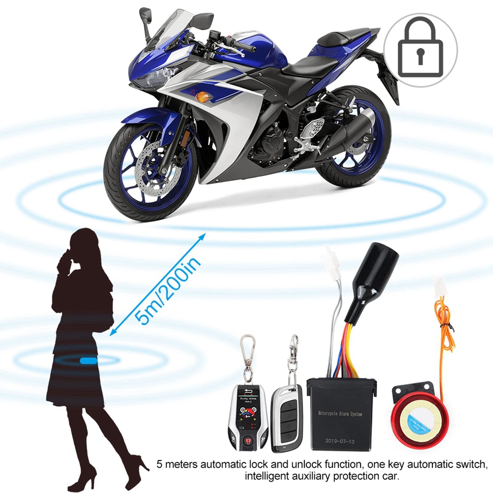 CHICIRIS di Allarme Moto, Antifurto | con Clacson, Spegnimento Motore con Avviamento Remoto, Portata 300 M, Avviso da 105 a 125 DB, per Motocicli a 12 V