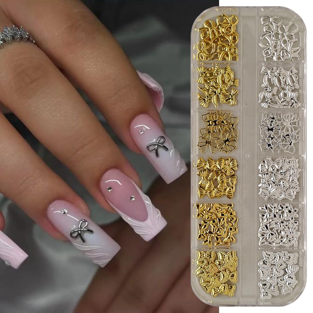 S.A.V.I Bow Nail Art Charms Set – 3D Gold & Silver Metal Bows for Nails | 12 Unique Styles | Nail Accessories for DIY Nail Art, Acrylic, Gel Manicure | 130mm Box, 30g Kit
