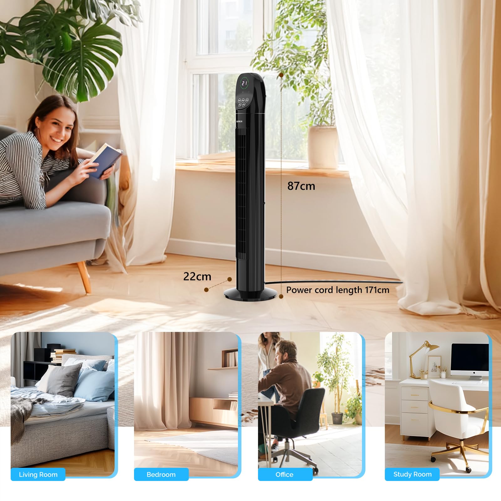 ROVSUN Ventilateur Colonne Silencieux, Ventilateur Tour 34'' (87cm), 35dB, Télécommande, Écran Tactile, Oscillation 90°, 3 Vitesses, 3 Modes, Minuterie 9H, 50W, Noir, Idéal pour Chambre, Salon, Bureau