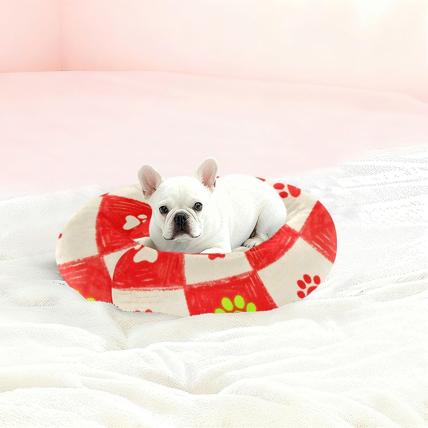 Red Beige Checkers Dog Paw Prints Pet Dog Beds Relieve Stress Dog Pillow Bed for Small Size Pets Supplies M