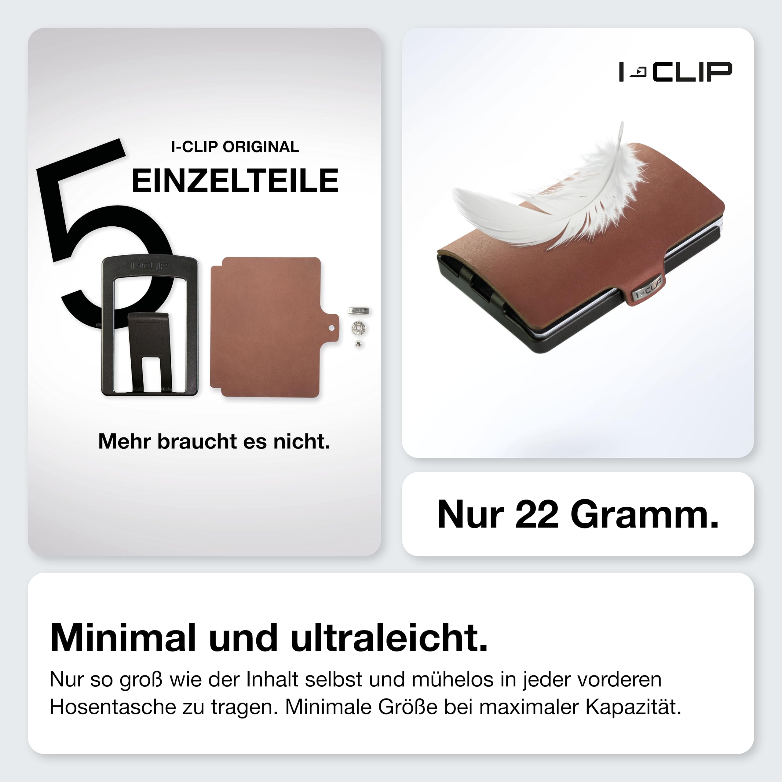 I-CLIP Original Herren Geldbörse – Slim Wallet mit Geldklammer – Mini-Portemonnaie mit Platz für bis zu 12 Karten – Ultraleicht mit nur 22g – Soft Touch Leder Oak – Schwarzer Rahmen