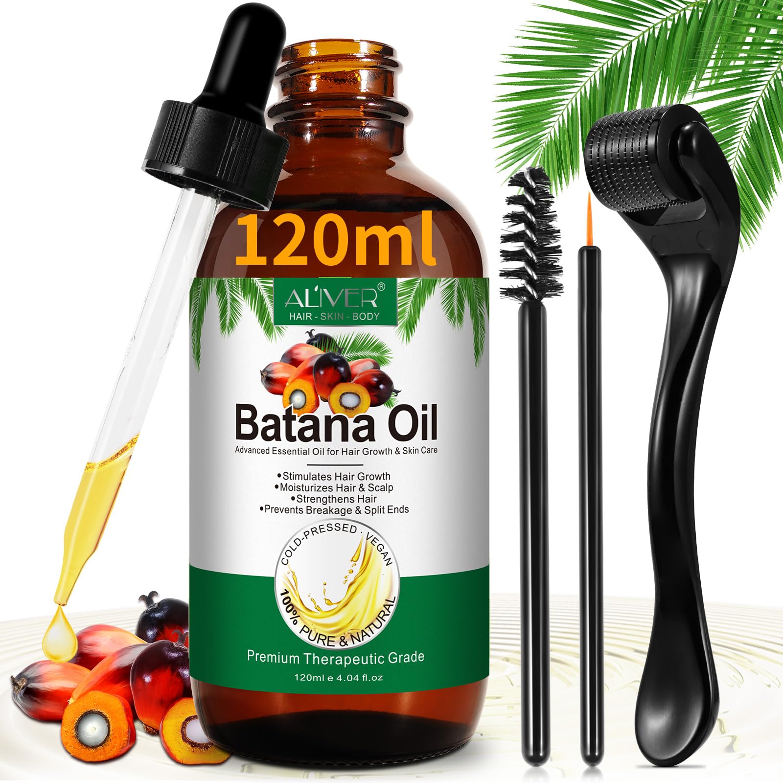 ALIVERBatana Oil for Hair Growth Cold Press 120ml with Derma Roller - 100% Pure & Natural Batana Oil, Eliminate Hair Split Ends, Damaged Hair Repair,Enhances Hair & Skin Radiance Nourishment