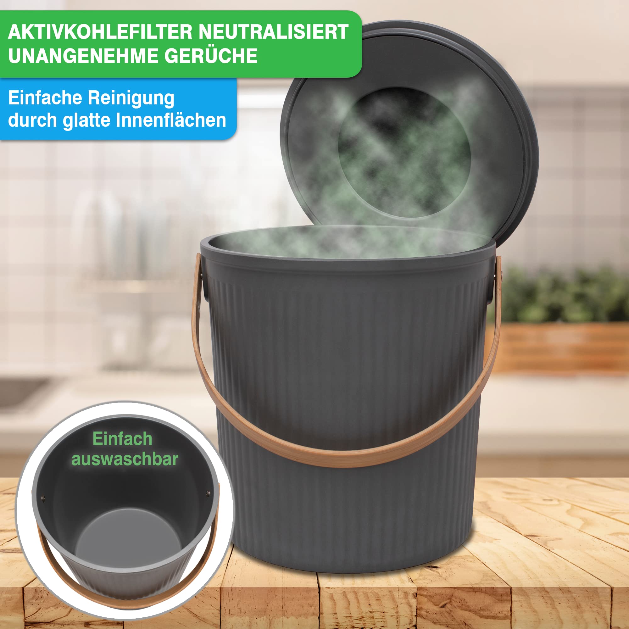 YourCasa® Kosz na kompost kuchenny – 6 l – na codzienne odpady organiczne – zmywalny – ekologiczny kosz na śmieci z pokrywką i filtrem + 80 biodegradowalnych worków na śmieci (ciemnoszary)