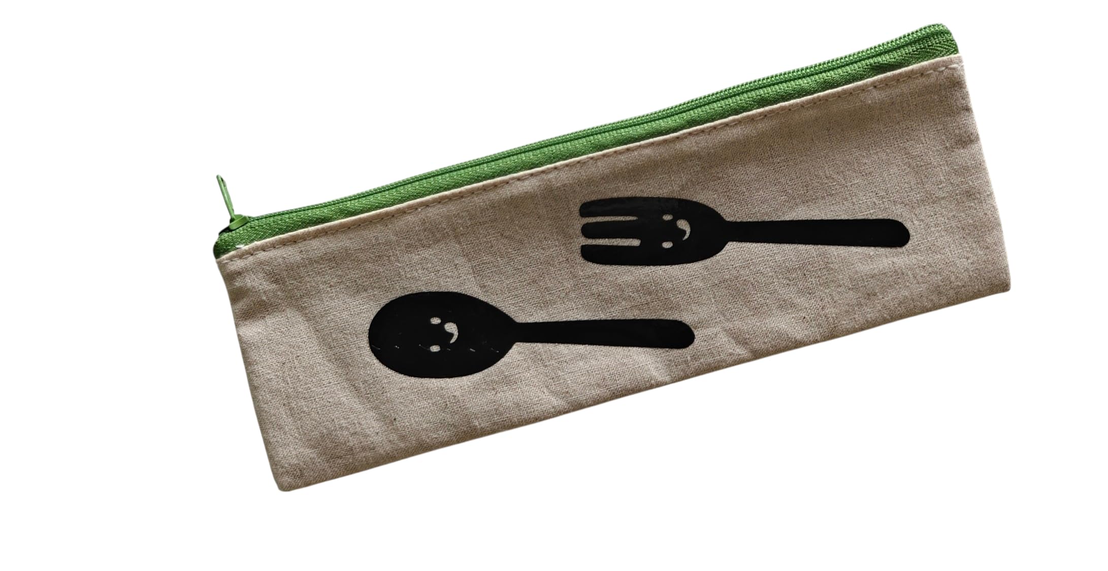 Canvas Zipper Pouch with Spoon and Fork Print, Beige, Green Zip, Cutlery Travel Bag-image-15