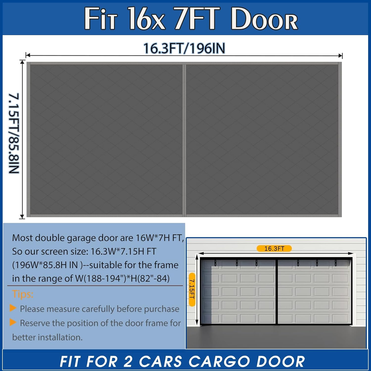Garage Door Screen, 16x7ft, Grey Mesh/Fabric, Modern Style, Insulated Garage Door Curtain