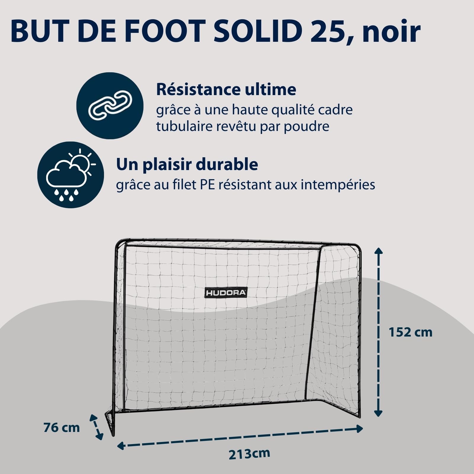 HUDORA But de Football Solid 25 - But de Football Stable pour Enfants & Adultes - Résistant aux intempéries avec Filet en Polyester à Mailles serrées - pour s'amuser & s'entraîner l'extérieur