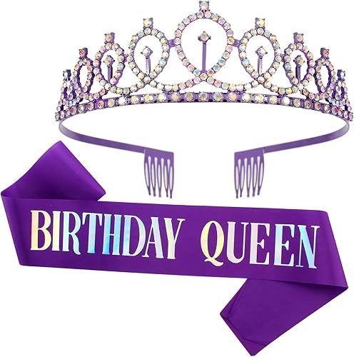 Miniatura 8 de CIEHER Banda de reina de cumpleaños y tiara dorada con diamantes de imitación, coronas de cumpleaños para mujeres, bandas de cumpleaños, tiara de