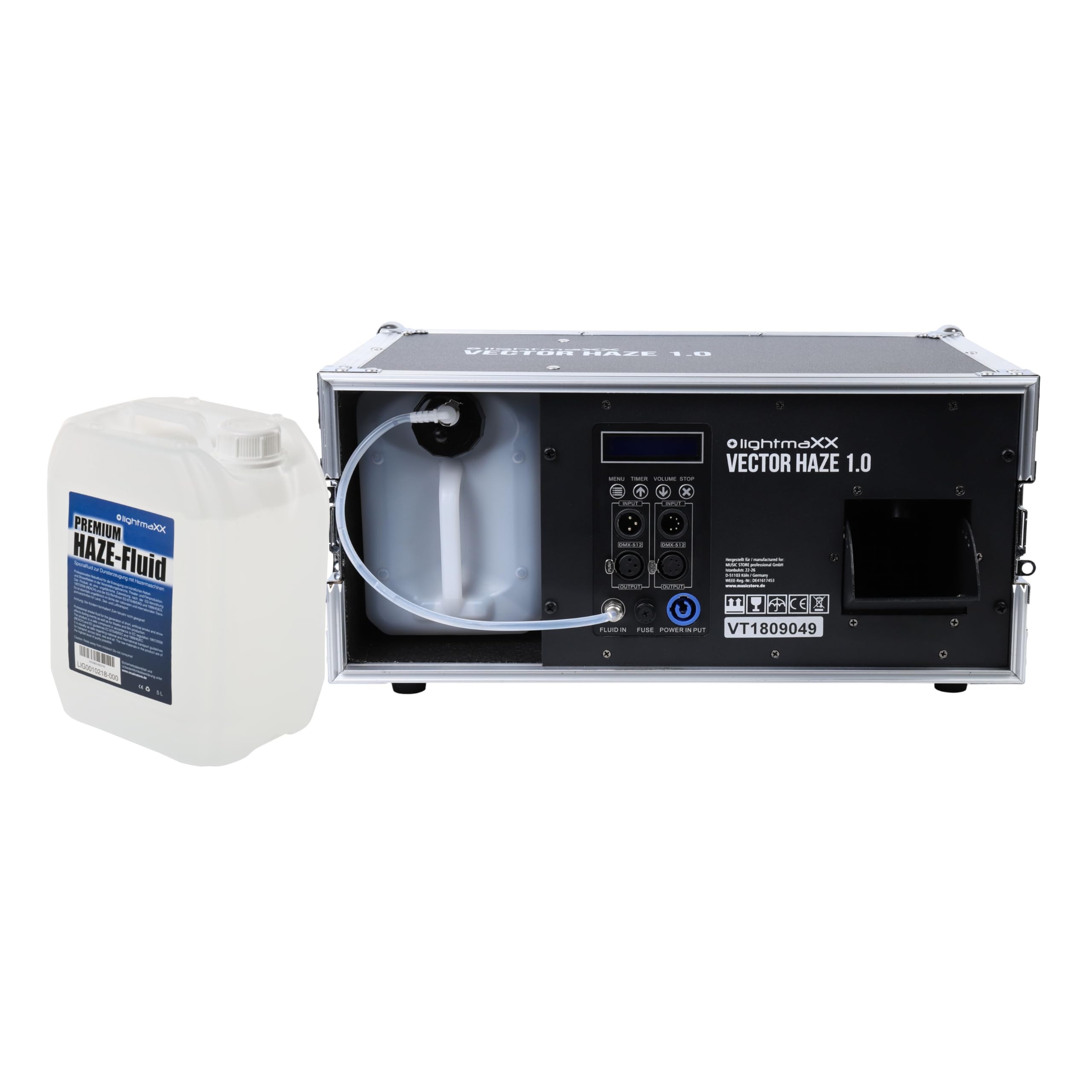 Vector Haze 1.0 Fluid Set, Hazer mit 200m³/min Ausstoß, 1000W Heizleistung, DMX-Steuerung, Timer-Fernbedienung, Überhitzungsschutz, inklusive 5L Premium HAZE FLUID