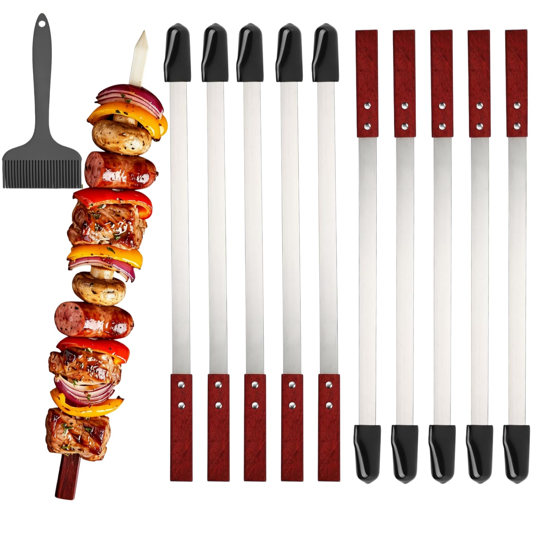 10 Brochettes plates pour barbecue en acier inoxydable 40cm avec manche en bois + grande brosse silicone - Set réutilisable pour kebabs, viandes et légumes - Accessoire BBQ complet