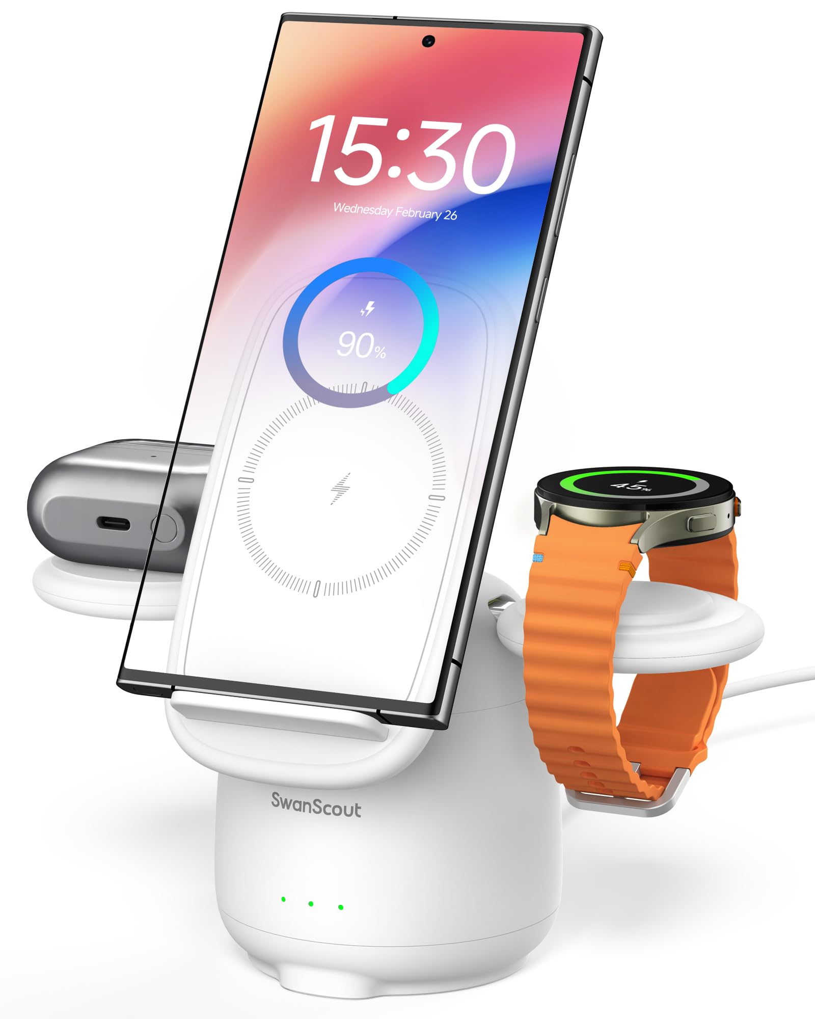 SwanScout Induktive Ladestation für Samsung S26+, 3 in 1 Wireless Charger für Samsung S25/S24/S23/Z Flip 7/Z Fold 7, Kabelloses Ladegerät für Galaxy Watch 8/Ultra/7/6/5/Buds, 707S (No Adapter)