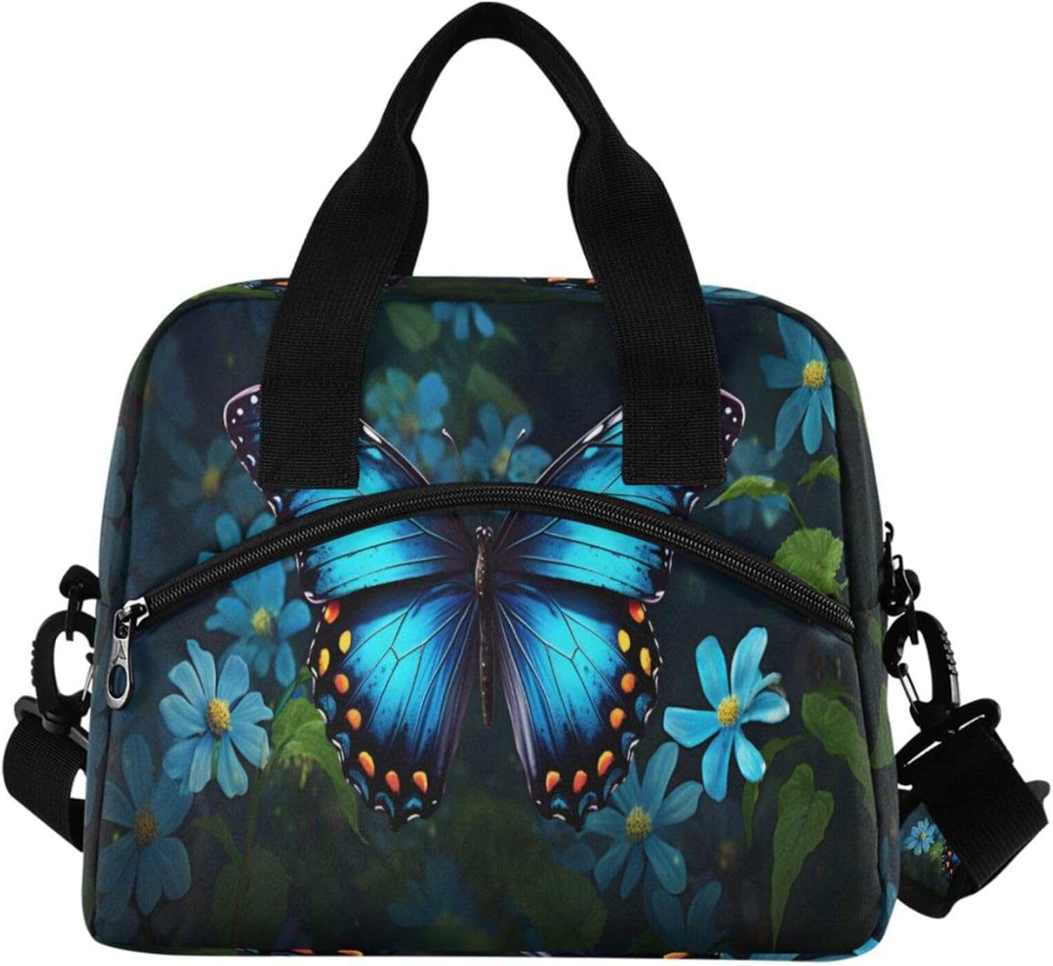 Blue Butterfly Flower Lunch Bag, Insulated Lunch Tote Bags Cooler Reusable Lunch Box Food Container with Adjustable Shoulder Strap for Women Men Adults