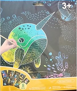 رسومات فنية في كتيب من 8 ورقات، لعبة أطفال مشهورة تصنع الفن عن طريق خدش طلاء اسود للكشف عن صورة ملونة تحتها (ماي سي فريندز)