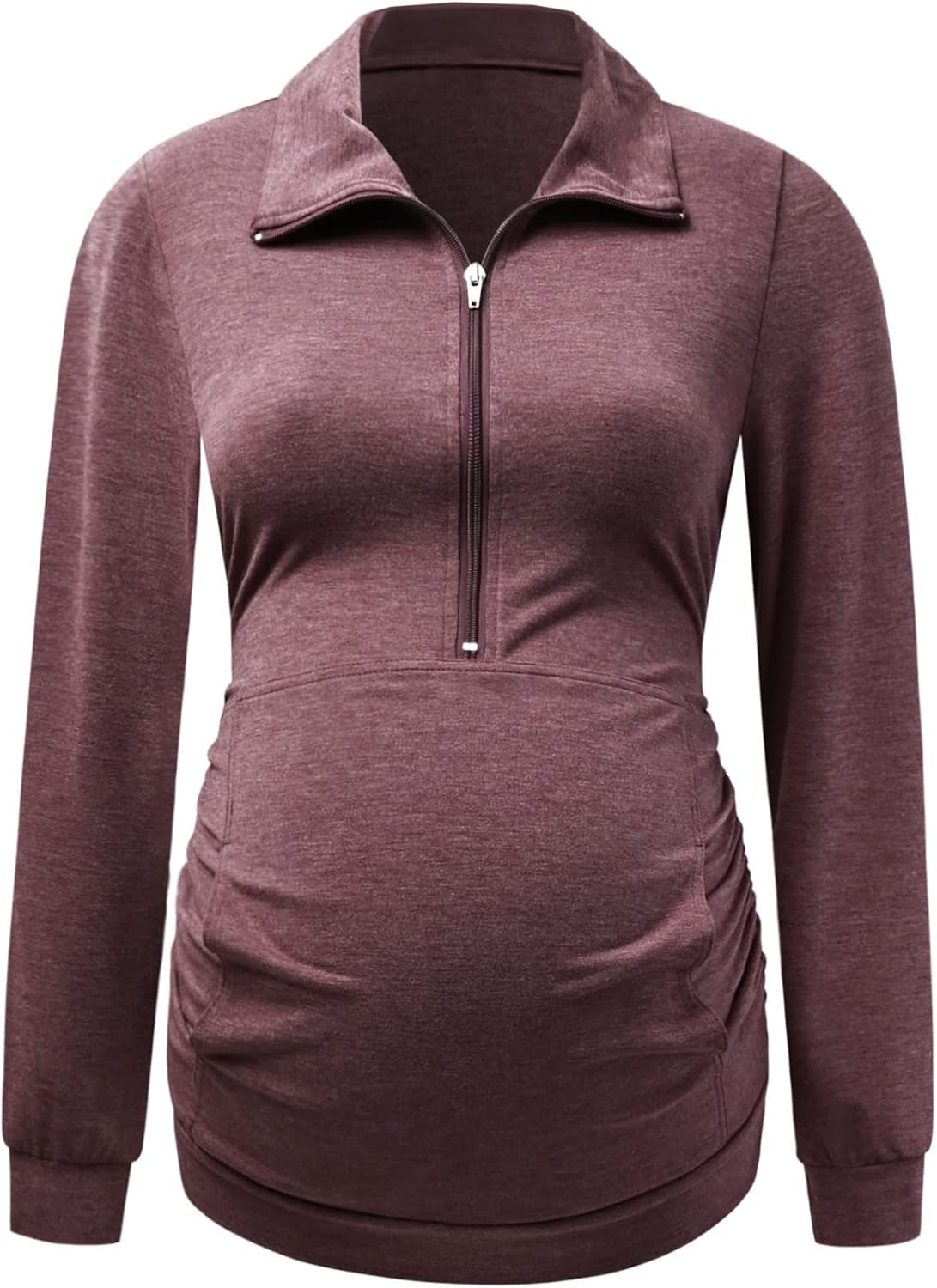 DEBELLY Maternity Shirt with Pocket Women's Lapel Top Casual Pregnancy Long Sleeve Zipper Hoodie - Image 2