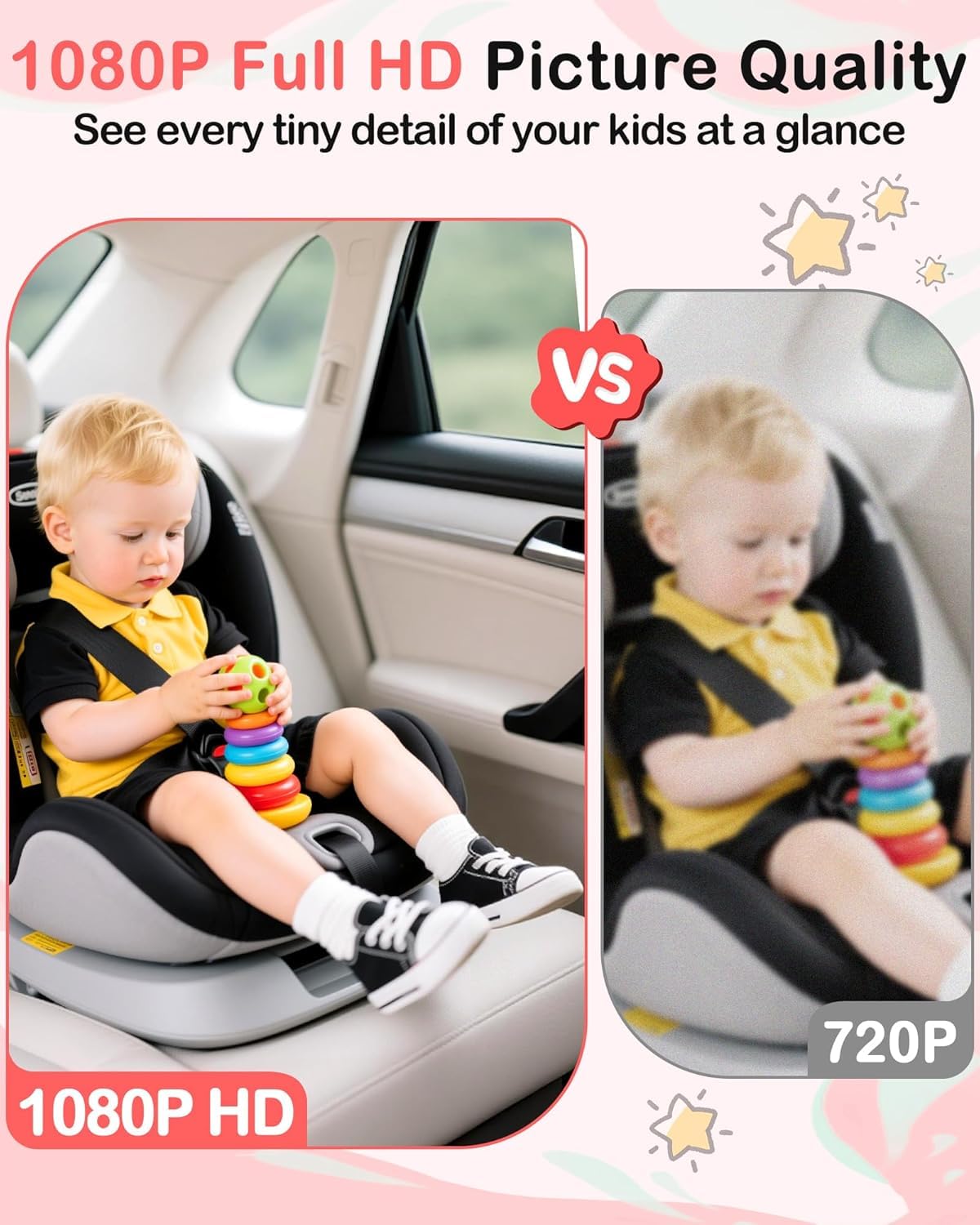 Wkzay Cámara dual HD 1080P para coche de bebé para 2 niños: pantalla dividida de 6.9 pulgadas con 2 cámaras de visión nocturna para asiento de coche - USB de 5 minutos fácil de instalar 360° ajustable
