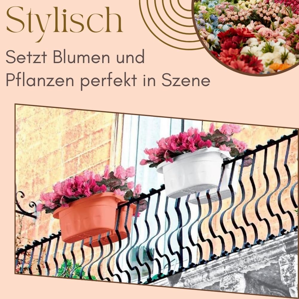 GarPet Blumenkasten Balkon Beidseitiger Balkonkasten mit Halterung Blumenkasten mit Wasserspeicher Pflanzkasten für Geländer Geländerkasten ohne Bohren Terracotta 50 cm