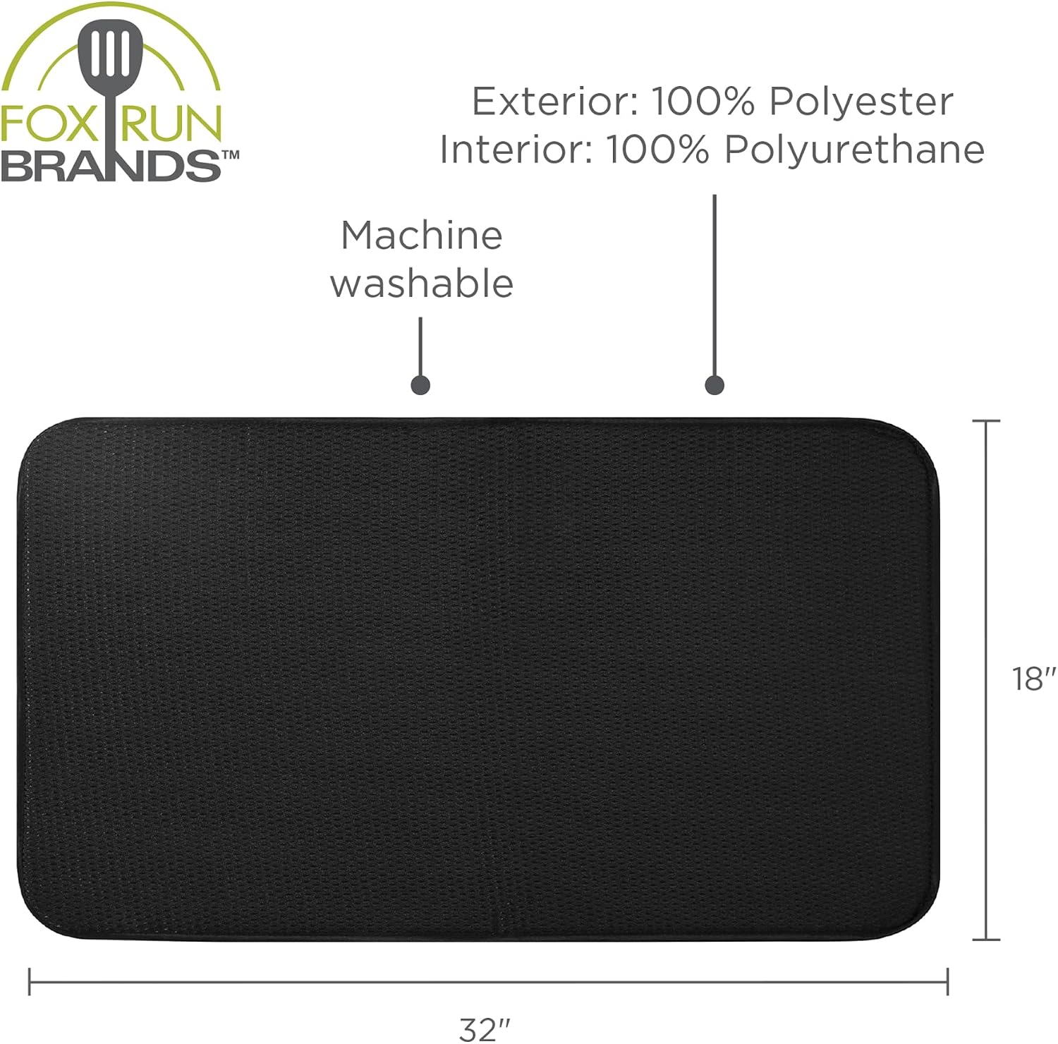 Fox Run Microfiber Dish Drying Mat, Extra Large 18" x 32" Black Dish Mat