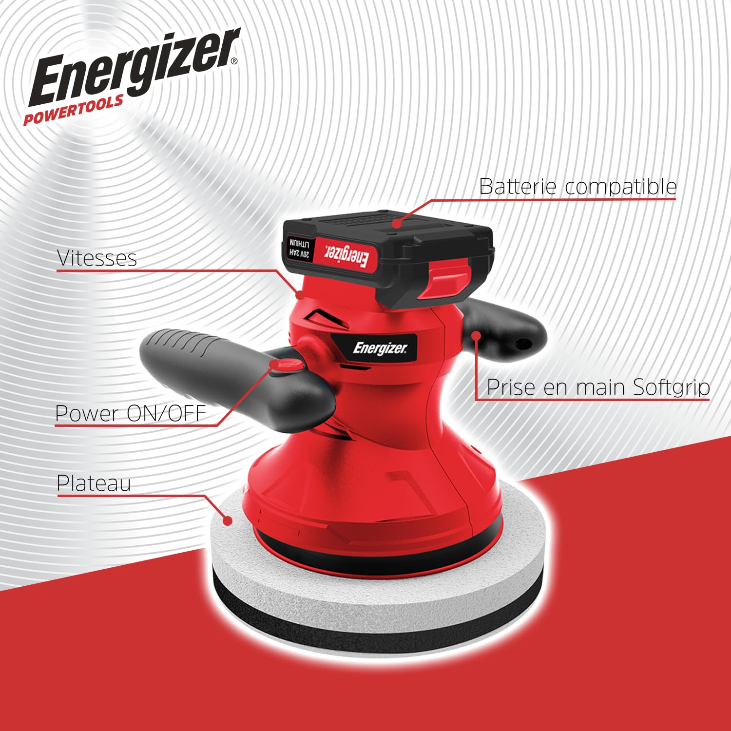 Energizer Lucidatrice per auto orbitale senza fili 20 V, 6 velocità 2000-6000 OPM, piatto 125 mm, lucidatrice per carrozzeria moto barca, batteria 2,0 Ah e caricabatterie inclusi, rosso