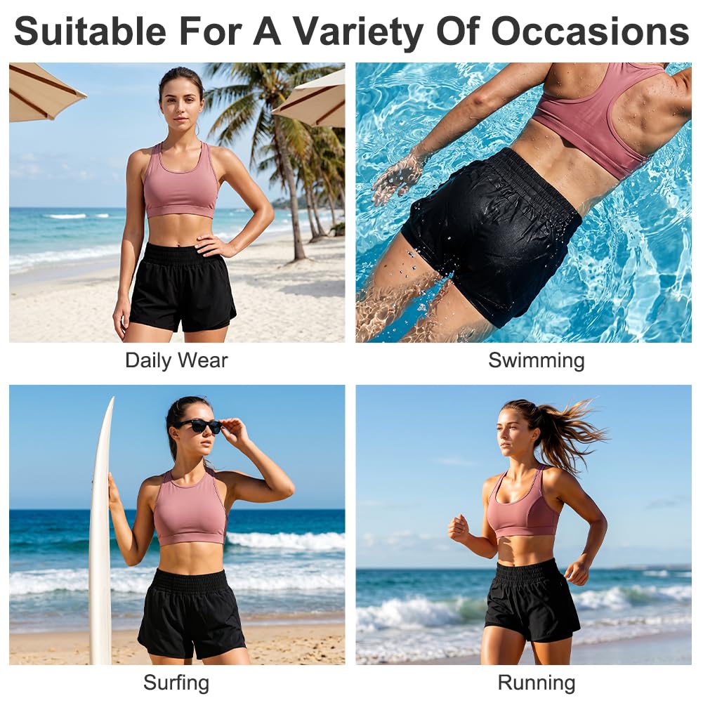 Aolso Shorts de Natación Mujer, Bikini Verano Short Pantalones Cortos, Shorts de Playa Secado Rapido con Bolsillos y Control de Abdomen para Playa Surf Vacaciones Deportes Acuáticos y Exterior-M/L