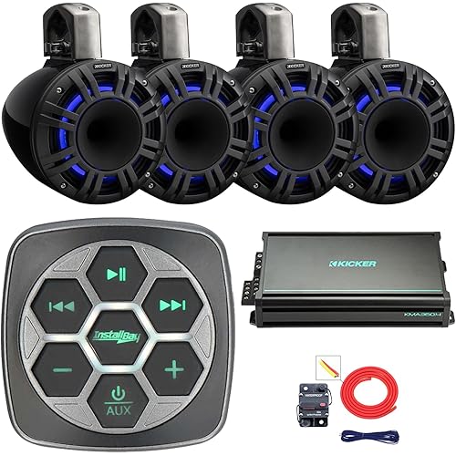 Marine Bluetooth 3-Zone Controller, 4X 8 500W Max Power Tower LED System Speakers, 4-Channel 90 Watts x 4 Weather-Resistant Full-Range Amplifier, 8 Gauge Amplifier Wiring Kit
