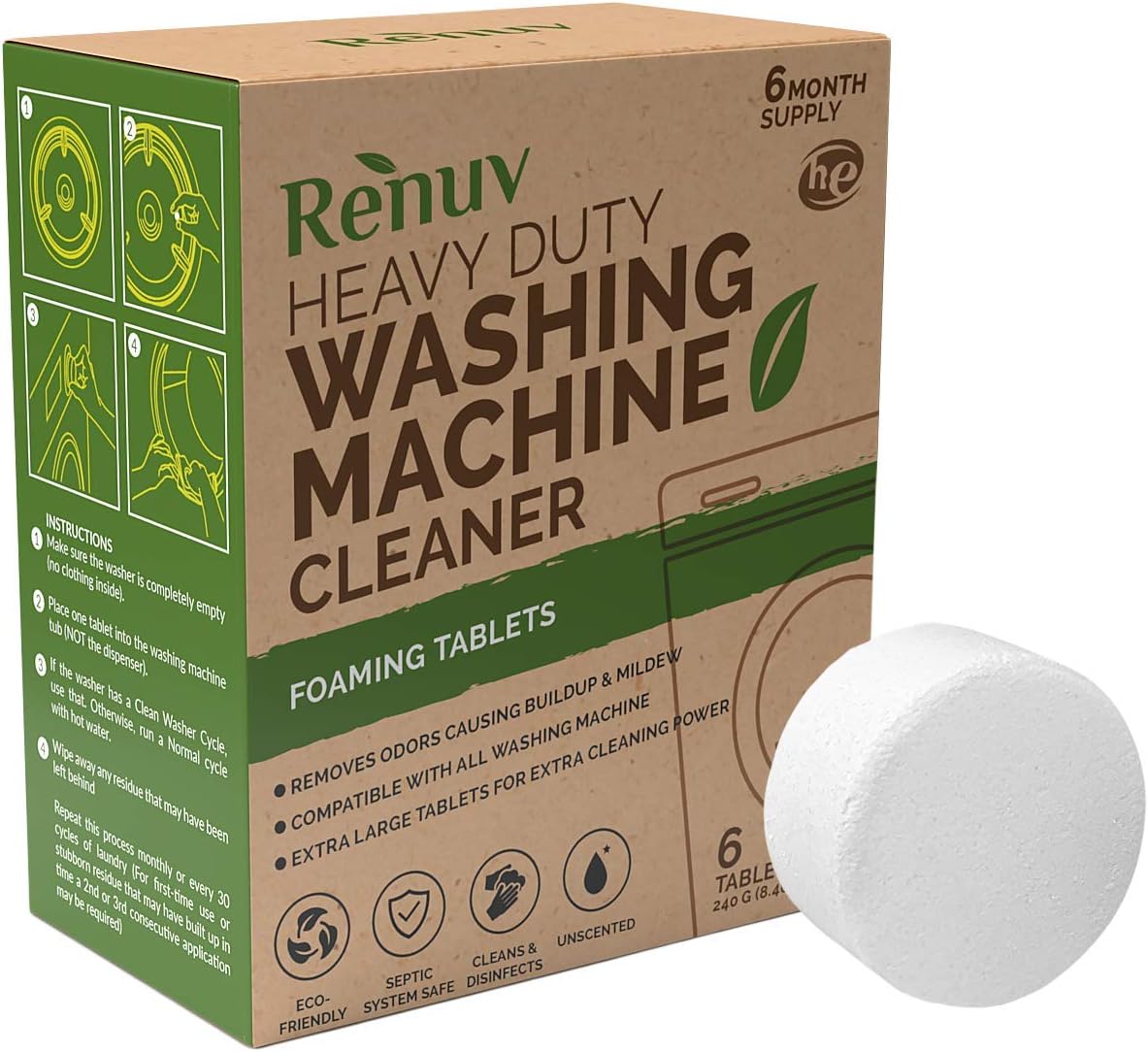 Washing Machine Cleaner by Renuv For Front Load, Top Load or HE, Slow Dissolving Huge 40g Eco Friendly Tablets For Maximum Effect Deep Clean Your Washer Where Others Fail : Health & Household