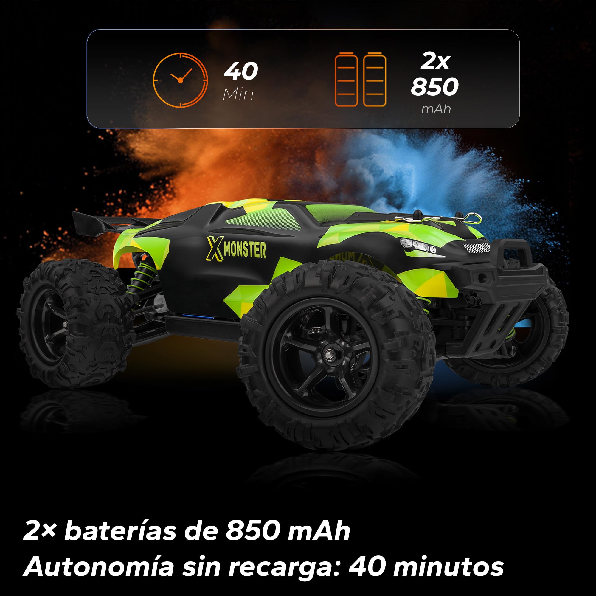 Overmax X-Monster 3.0 Coche RC 4x4, 30 km/h, Gran Tamaño 1:18, 2 Baterías 850 mAh, 100m Alcance, Suspensión Independiente, Certificado TUV, 40 Minutos de Juego sin Carga, Ideal para Niños 14+