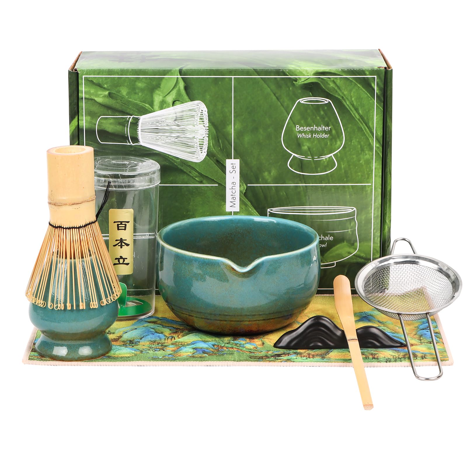 Ensemble fouet à matcha bleu complet avec bol et cuillère en bambou