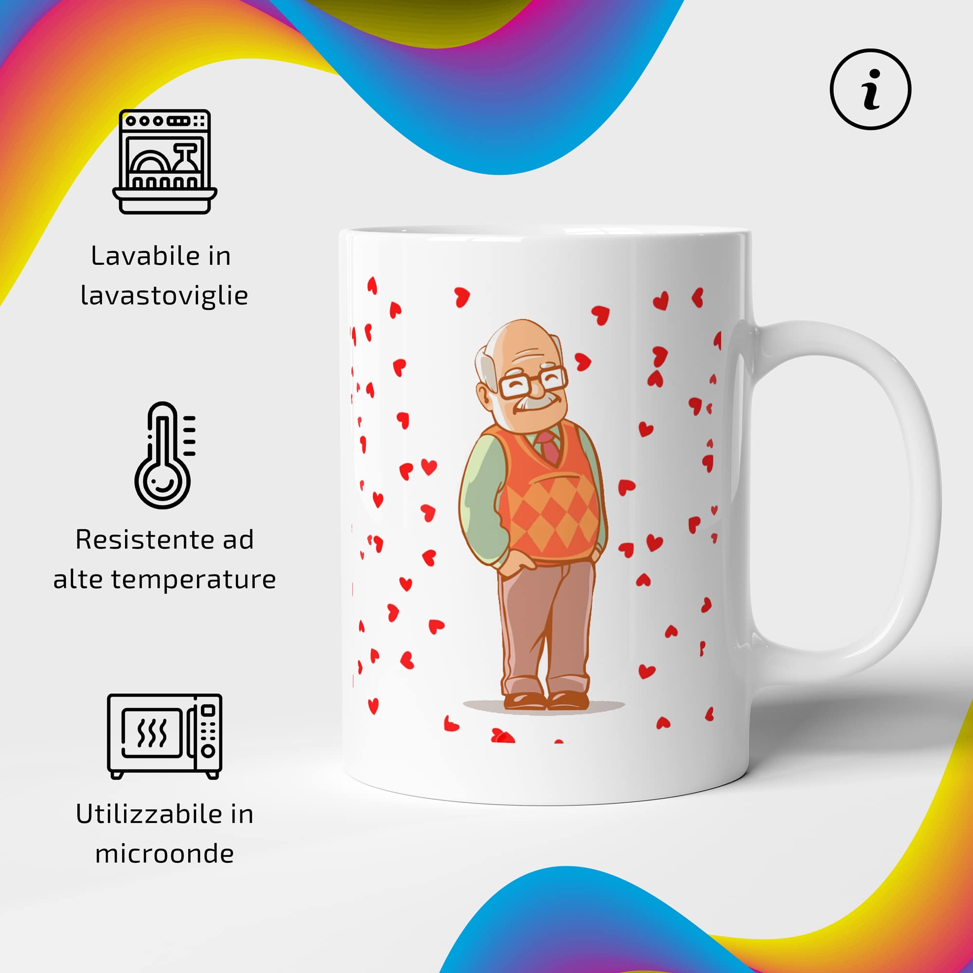Tazza Nonno Migliore Del Mondo Con Cuori 330ml Ceramica - Idea Regalo Divertente