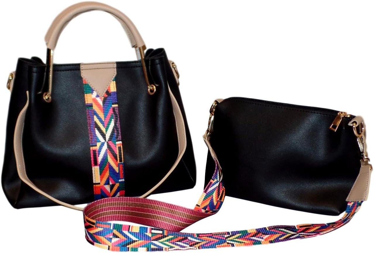 Women Faux Leather/Guitar Strap 2 in 1 Bag Set with Casual Roomy Daily Work Cross Body Bag