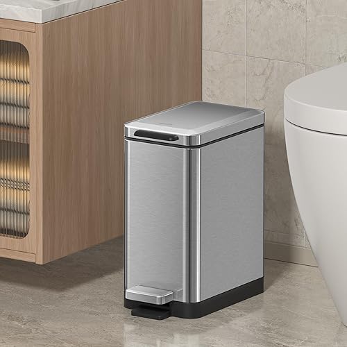 Miniatura 2 de Mbillion Basurero de baño con tapa, pequeño cubo de basura delgado de acero inoxidable de 10 litros, cierre suave de 2.6 galones, pedal escalonado,