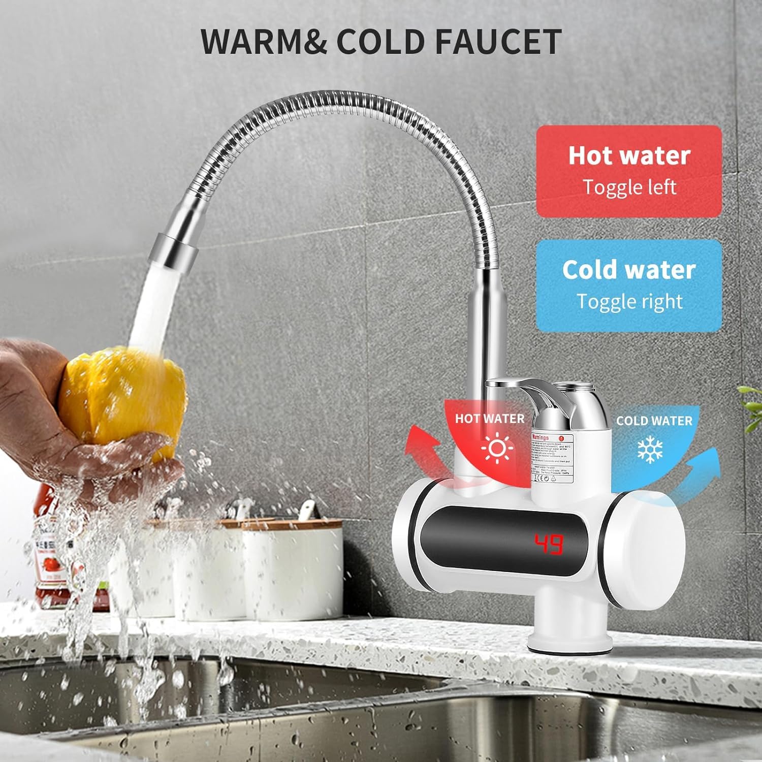 Rubinetto Elettrico Con Scaldabagno Istantaneo 3000W – Display LCD, 30-60°C, Girevole 360°, Per Cucina, Bagno E Camper