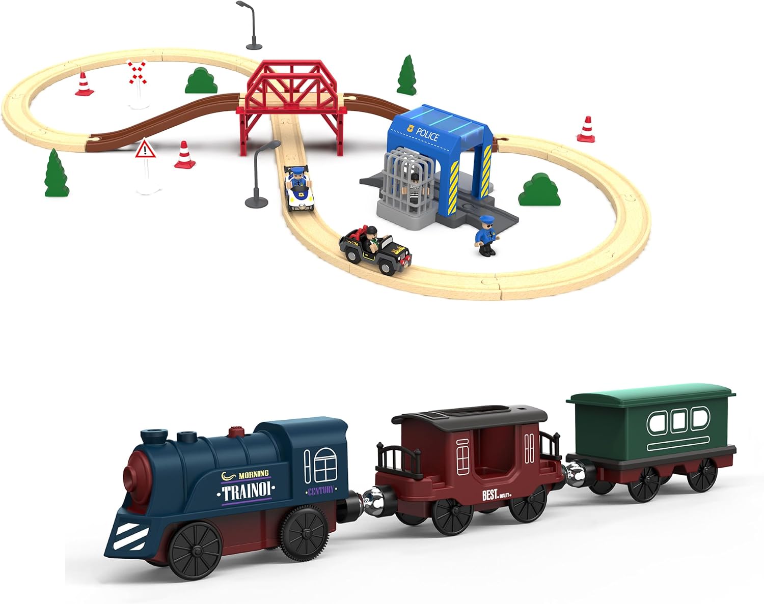 Toy Electric Train Set for Wooden Tracks, Motorized Trains Toys with 52Pcs Building Toy Compatible with Thomas & Friends, Brio