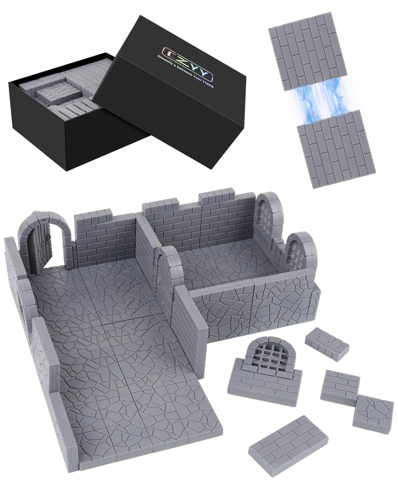 CZYY Magnetic Dungeon Tiles Set – 58 PCS Modular & Paintable Terrain Kit with Double-Sided Textured Floors, Doors & Windows – Build 3D Battle Maps for DND, Wargames & Tabletop RPGs (Basic Set)