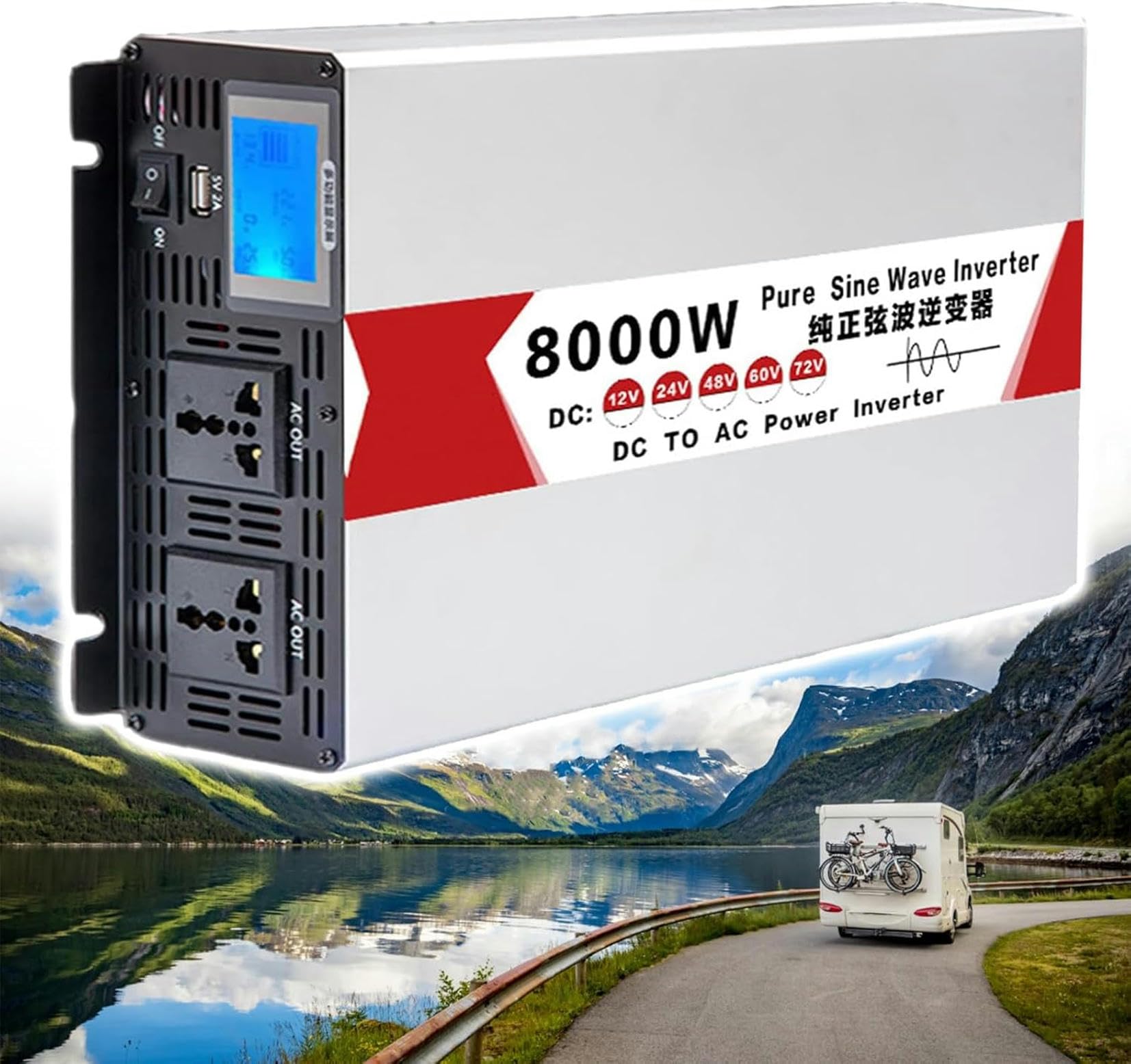 Onduleur de puissance 8000W pure sinus avec deux prises AC et écran LCD haute précision