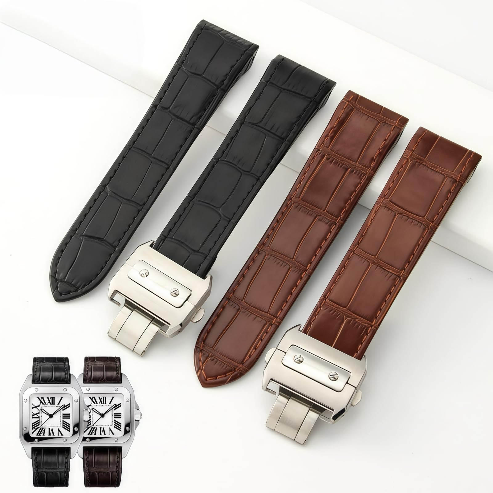 Correa de Reloj de Cuero Auténtico Hebilla con Botón de Acero Inoxidable Correa de Repuesto para Cartier Santos Series-Marrón + Oro 20mm