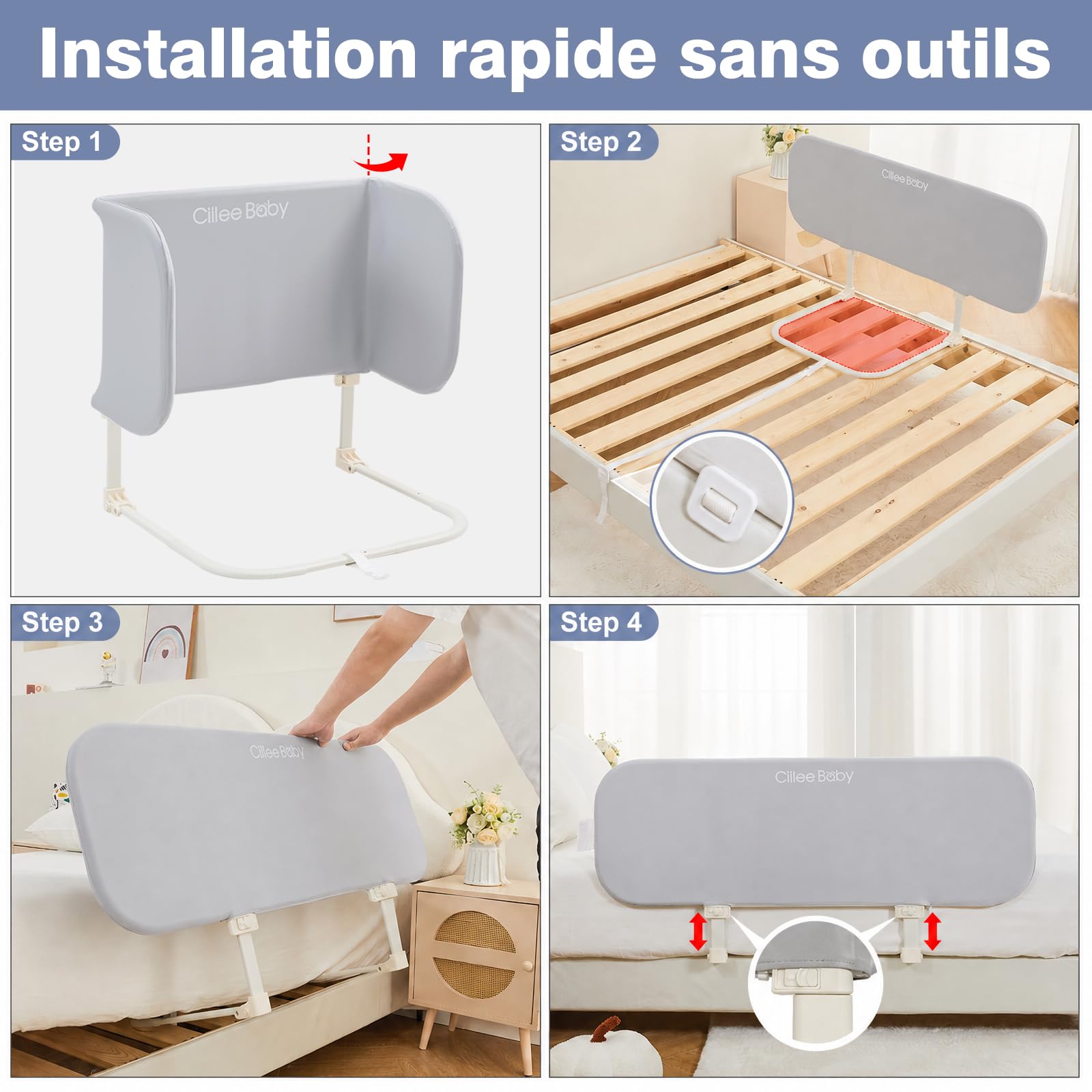 GUUSII HOME Pliable Barriere de Securite Enfant Lit, sans Montage, 80 cm | Réglable en hauteur, Protection Anti-Chute Cododo Bebe Monobloc Portable, Avec Sac de Voyage, Housse Zippée Amovible Lavable