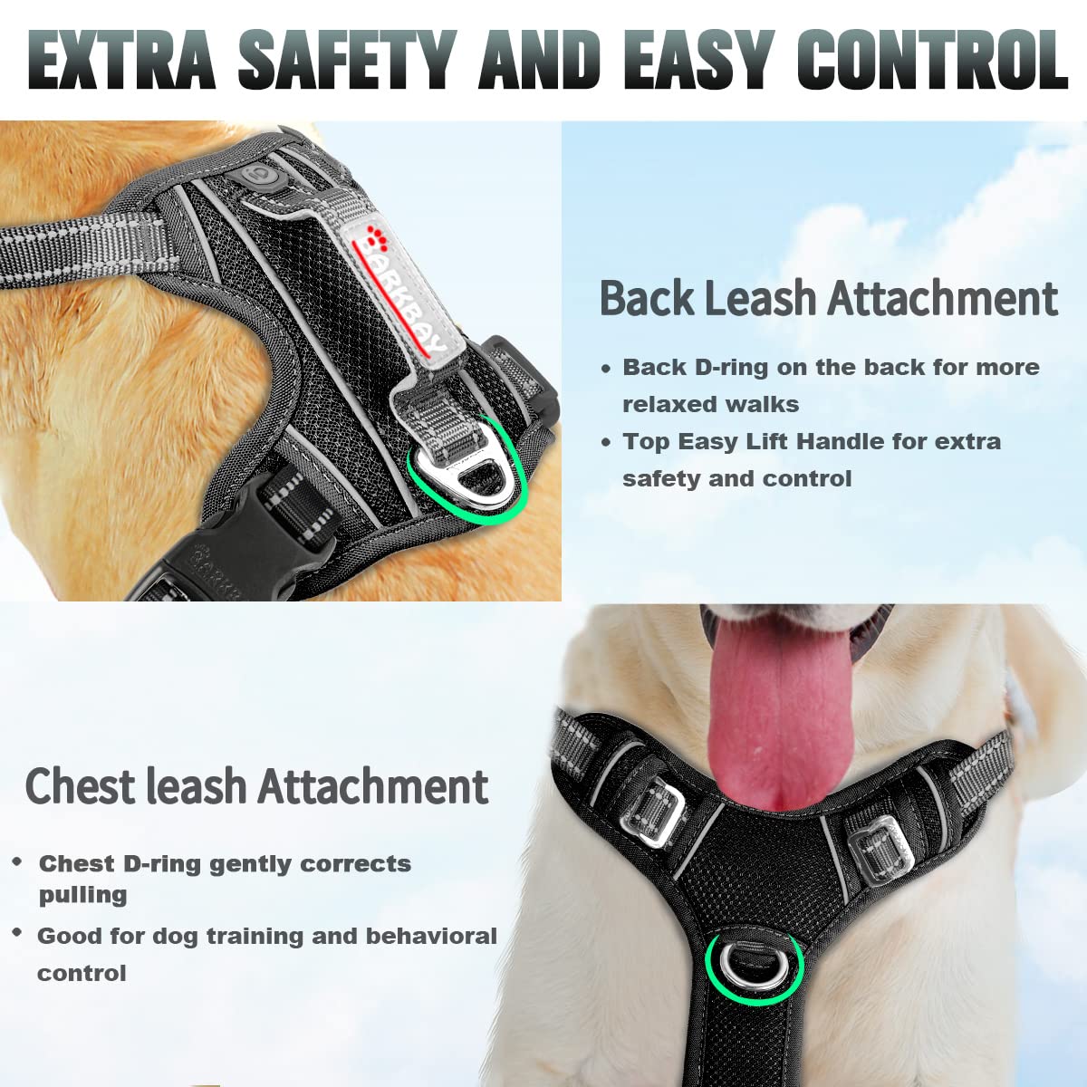 BARKBAY No Pull Dog Harness Large Step in Reflective Dog Harness with Front Clip and Easy Control Handle for Walking Training Running with ID tag Pocket(Black,L)